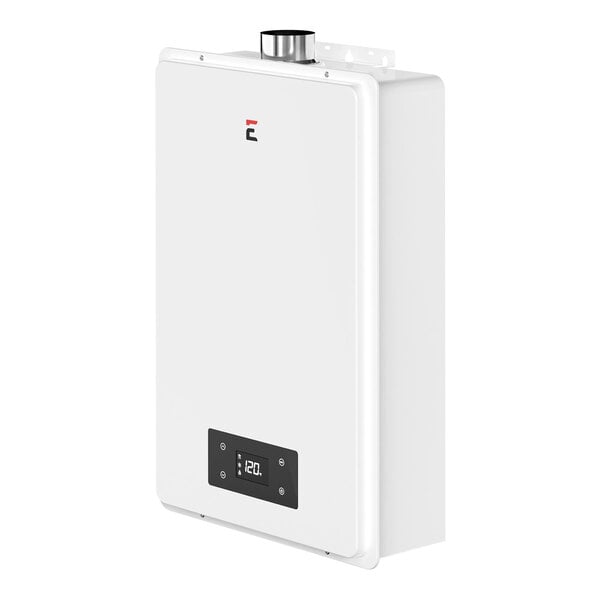 A white rectangular Eccotemp tankless water heater with a black and red label.