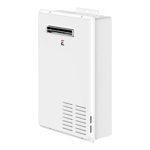 A white rectangular Eccotemp natural gas tankless water heater with a vent.