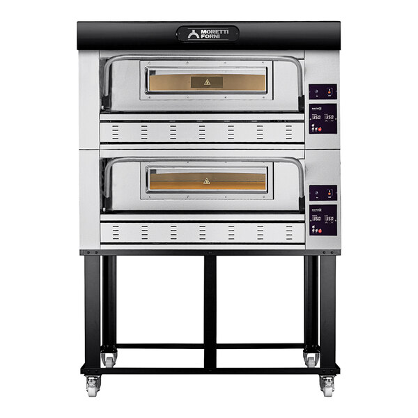 A large silver Moretti Forni double deck oven on wheels.