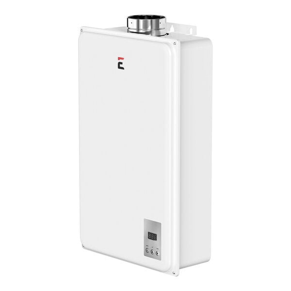 A white rectangular Eccotemp tankless water heater with a white vent cover.