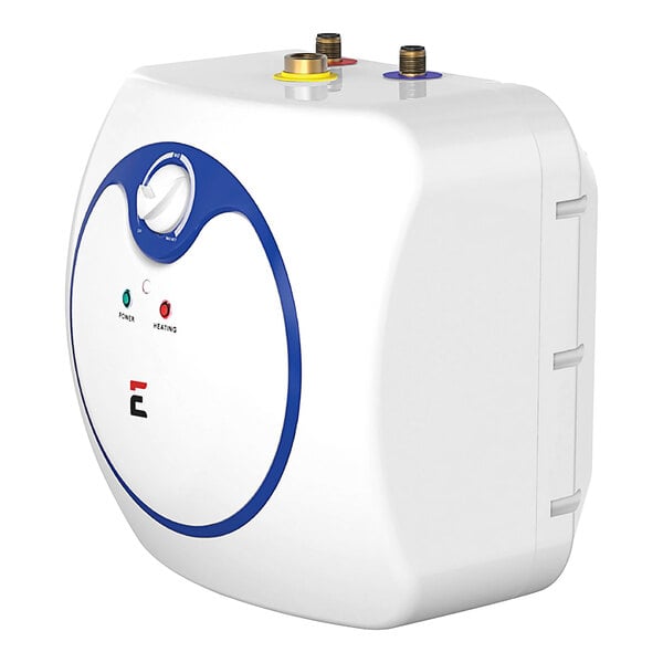 A white Eccotemp EM-2.5 indoor mini-tank water heater with a blue and white control panel.