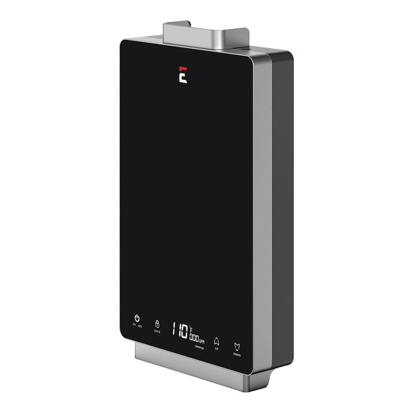 The black and silver rectangular Eccotemp i12-LP tankless water heater with a black screen.