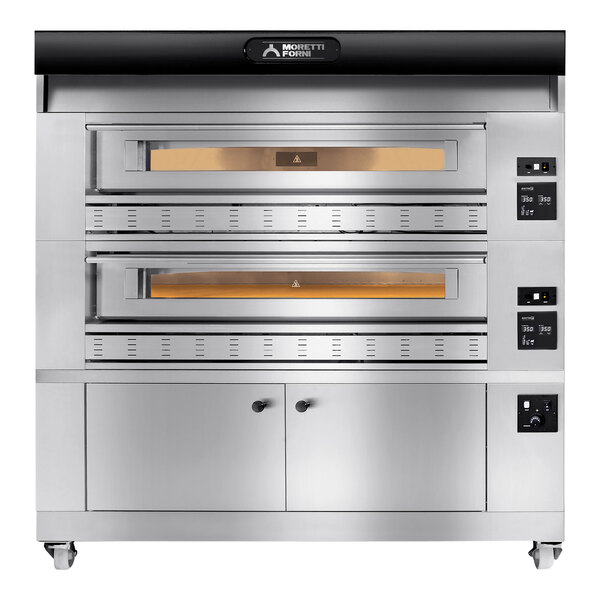 A large stainless steel Moretti Forni triple deck oven with black doors on a stand.