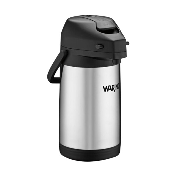 A stainless steel and black Waring coffee airpot.