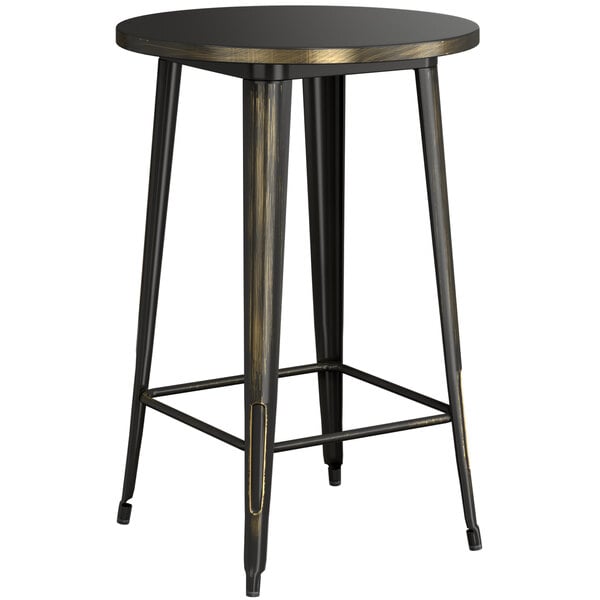A Lancaster Table & Seating distressed gold outdoor bar height table with a black metal top.
