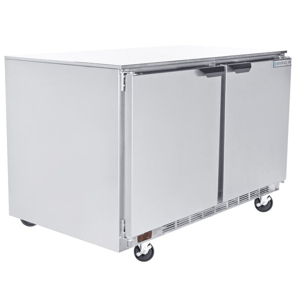 A Beverage-Air stainless steel undercounter freezer with two doors on wheels.