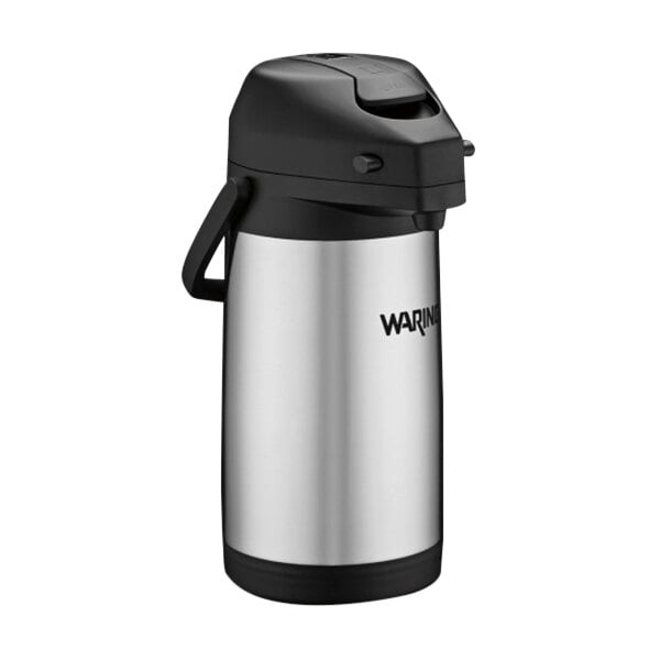 A Waring stainless steel airpot with a black lid.