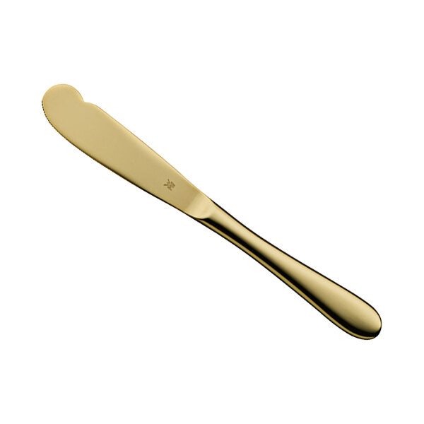 A close-up of a WMF Signum Gold stainless steel butter knife with a handle.