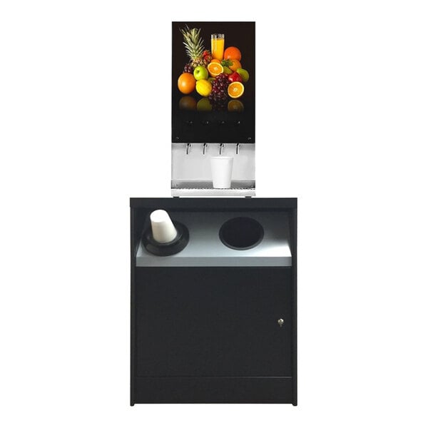 A black All State Manufacturing coffee stand with a trash receptacle and cup dispenser.
