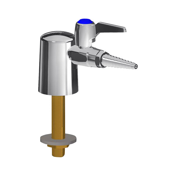 A chrome Chicago Faucets laboratory turret with a blue handle and button.