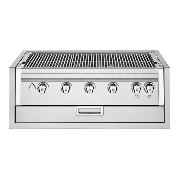 A close-up of a stainless steel Crown Verity built-in grill with knobs.