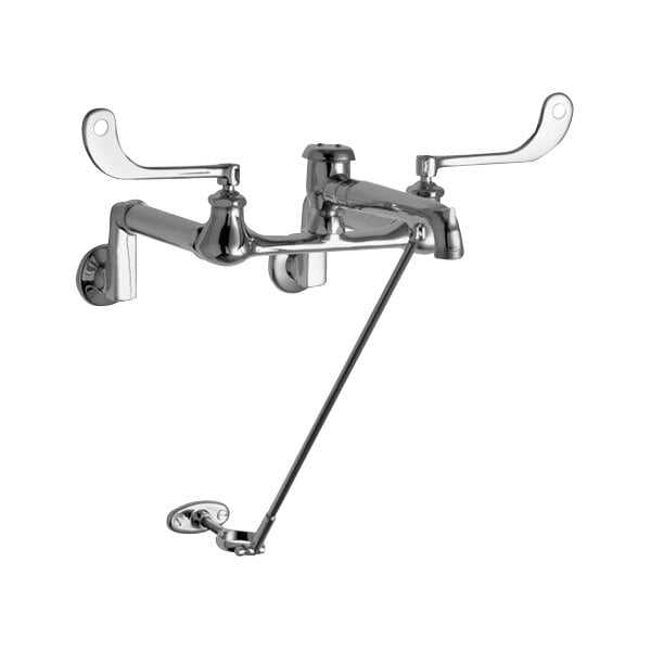 A Chicago Faucets chrome wall-mounted mop sink faucet with two handles and a hose connection.