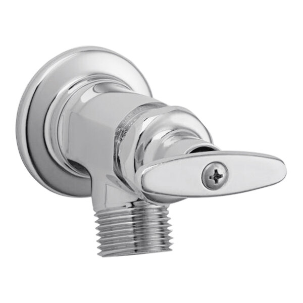 A close-up of a Chicago Faucets chrome-colored inside sill faucet with a metal tee handle.