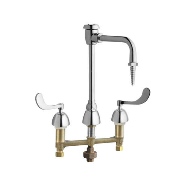 A chrome Chicago Faucets laboratory faucet with two handles and gooseneck spout.