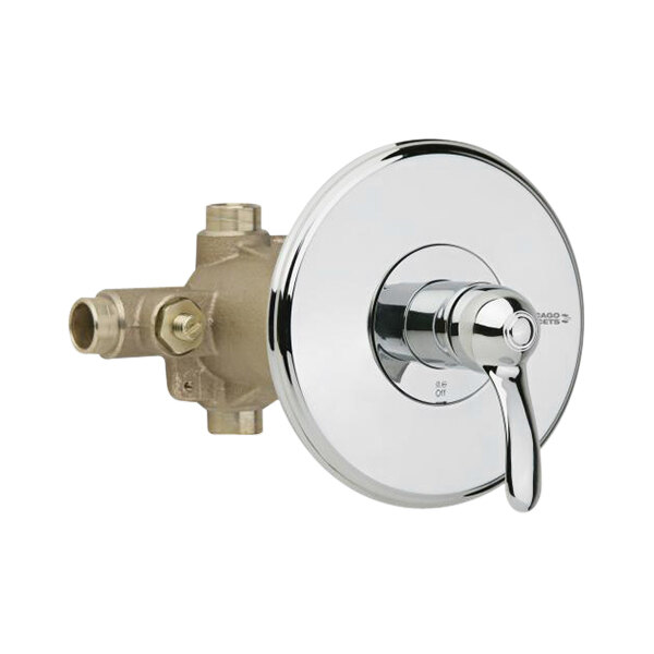 A Chicago Faucets chrome thermostatic and pressure balancing shower valve with trim including a handle and a lever.