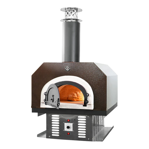 A Chicago Brick Oven wood and natural gas-fired countertop pizza oven with a door open.