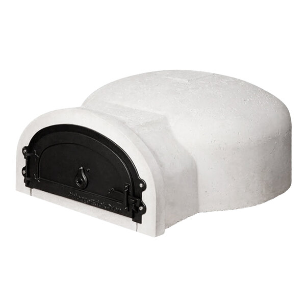 A white stone oven with black door and lid.