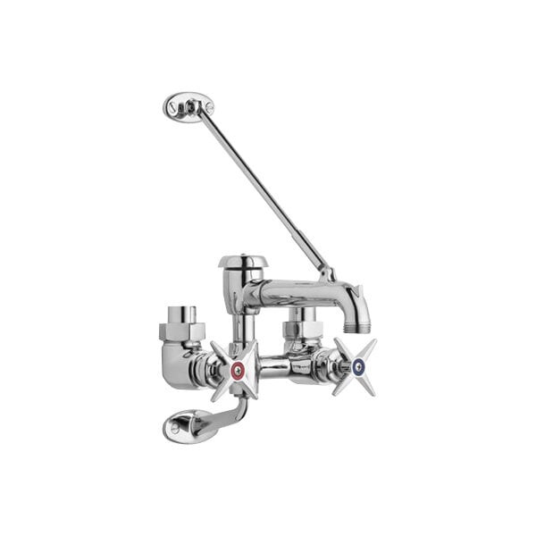 A Chicago Faucets wall-mounted mop sink faucet with a chrome finish and rigid spout.