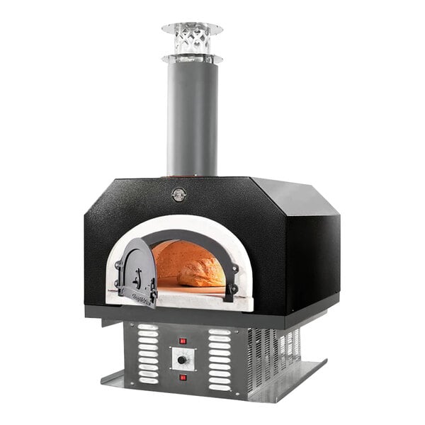 A black and silver Chicago Brick Oven countertop pizza oven with the door open.