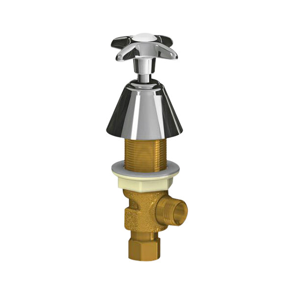 A brass Chicago Faucets remote water valve with a metal handle.