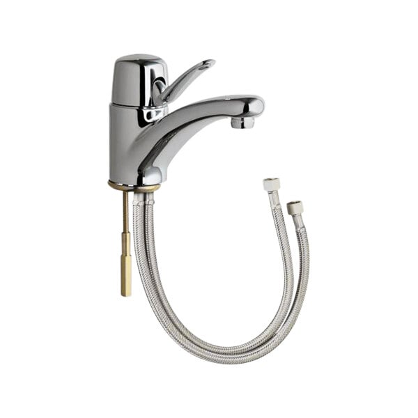 A close-up of a silver Chicago Faucets deck-mounted faucet with a hose attached.