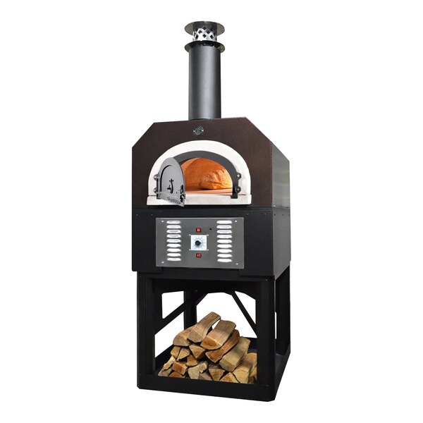 A copper and black Chicago Brick Oven hybrid wood and natural gas-fired pizza oven.