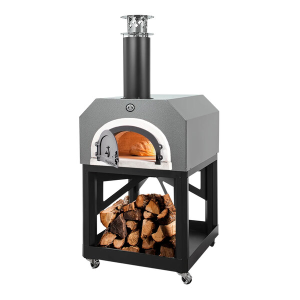 A Chicago Brick Oven wood-fired pizza oven with a silver vein mobile stand.