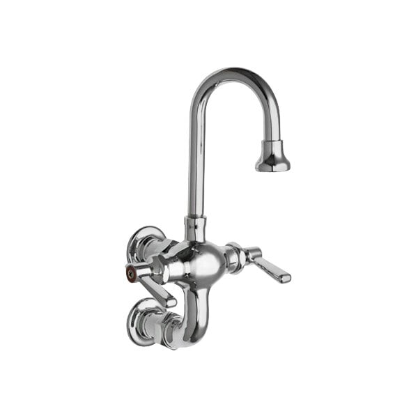 A Chicago Faucets wall-mounted faucet with a chrome finish and a rigid gooseneck spout.