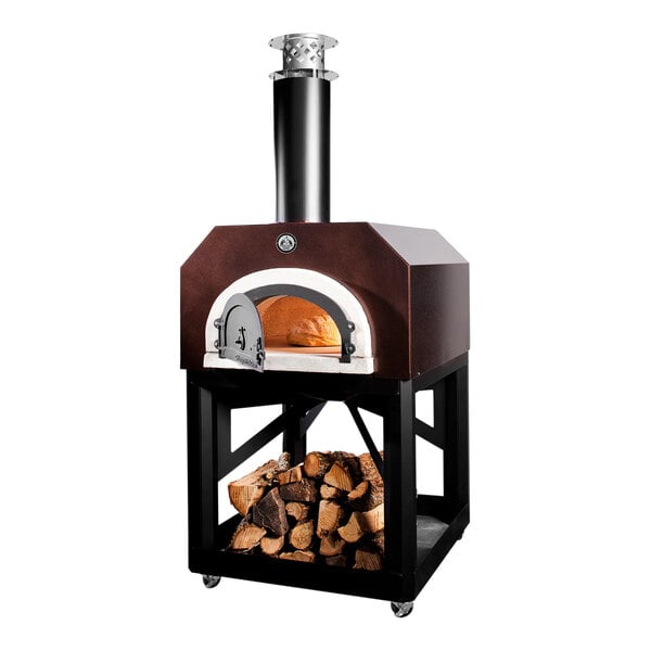 A Chicago Brick Oven wood-fired pizza oven with a copper vein finish and a mobile stand.