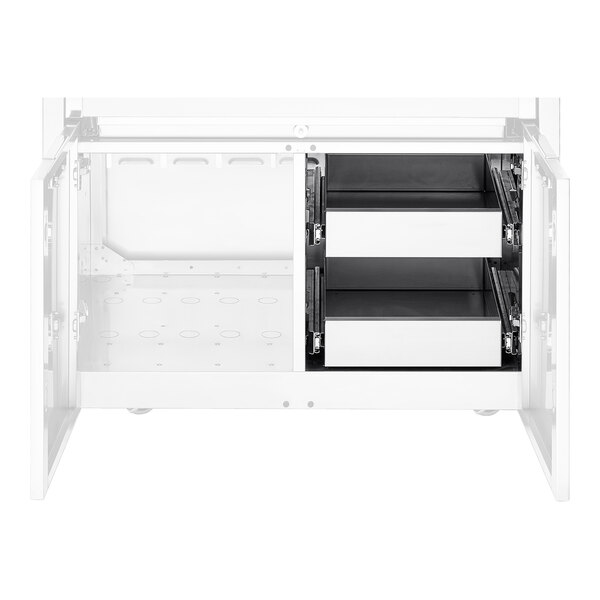 A white cabinet with two drawers and a center divider.