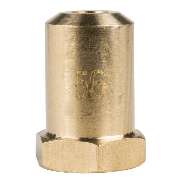 A gold metal cylinder with a brass hexagon shaped nut with the number 56 carved into it.