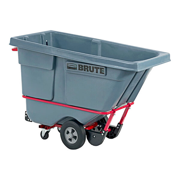 A grey Rubbermaid Brute tilt truck with a grey plastic container.