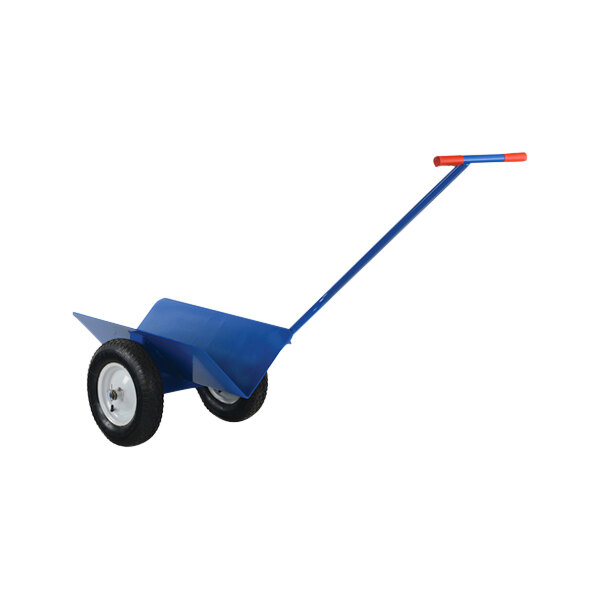 A blue Vestil V-Groove steel pipe mover with black wheels and an orange handle.