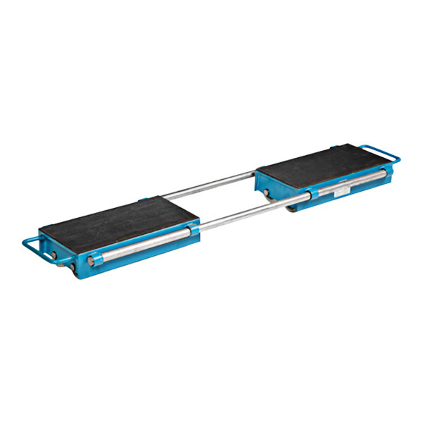 A pair of blue and black rectangular machinery skates with a handle.