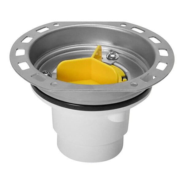 A white and yellow Oatey freestanding tub drain kit with a yellow lid.