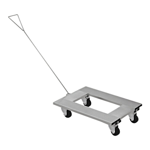 A silver metal Vestil aluminum channel dolly with a long handle.