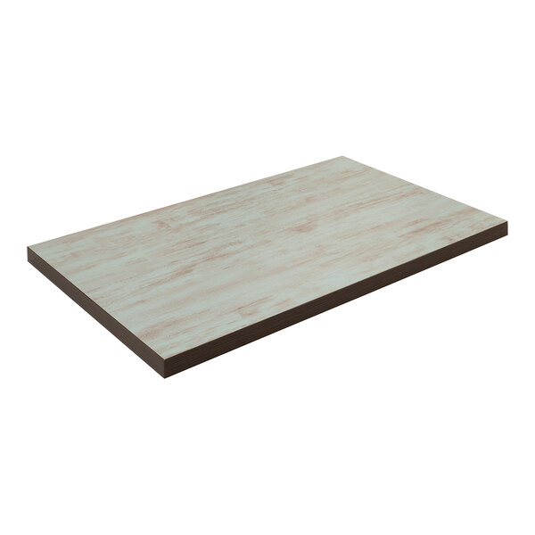 A rectangular wood table top with a light blue and brown wood grain finish.