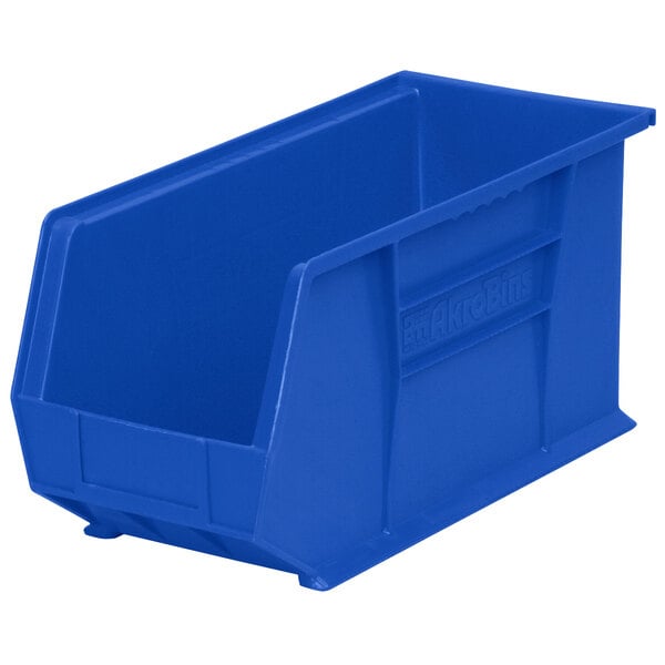 A blue plastic Metro stack bin with a handle.