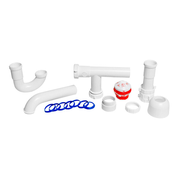 An Oatey Sure-Vent air admittance valve kit with white plastic pipes and various white plastic parts.