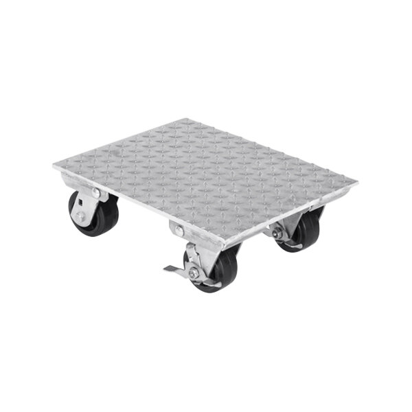 An aluminum Plate Dolly with black wheels.