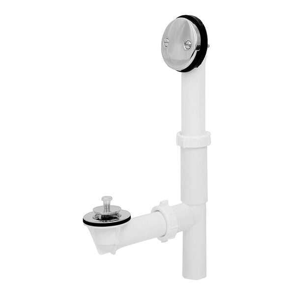 A white pipe with a chrome valve and a chrome Dearborn bath waste and overflow faceplate.