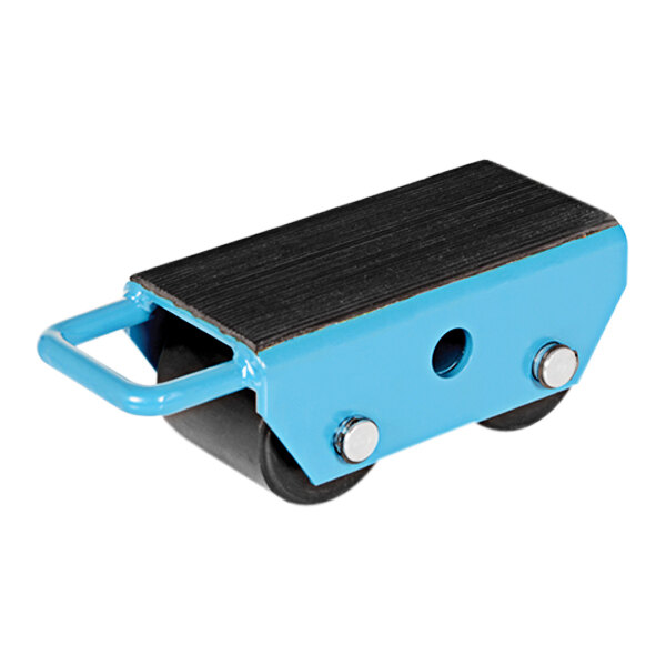 A blue and black Vestil machinery skate with wheels.