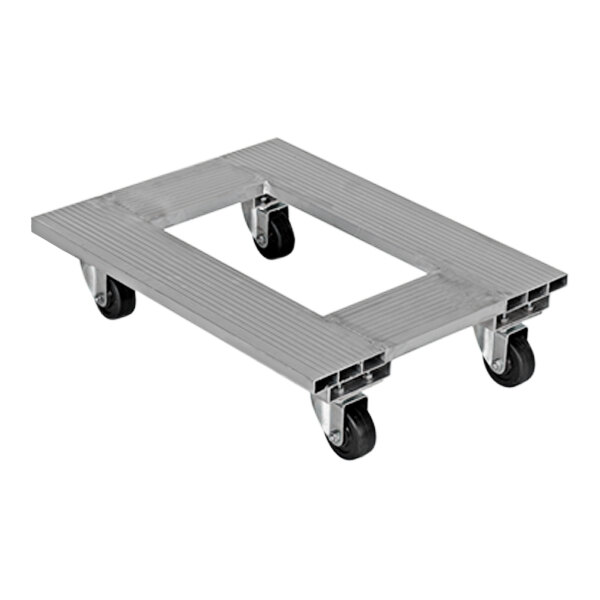 An aluminum dolly with a metal platform and black wheels.