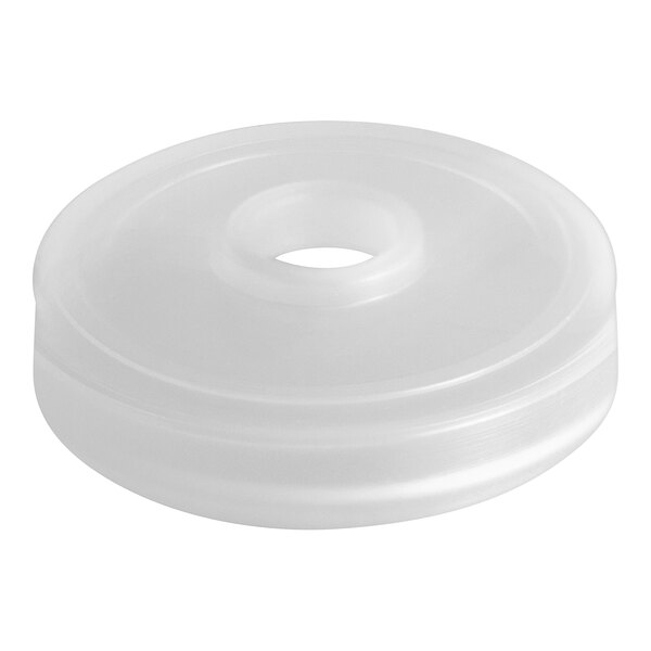 A white LDPE plastic disc with a hole in it.