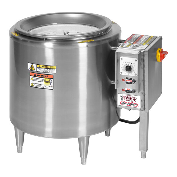 A Savage Bros ElectroStove with a large stainless steel pot on it.