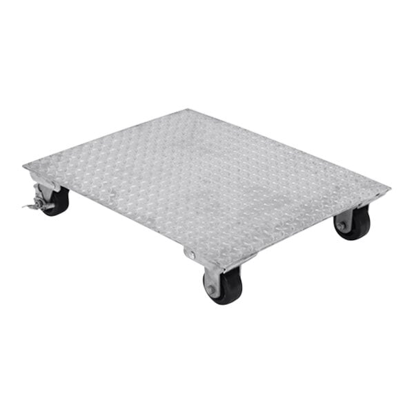 An aluminum dolly with black wheels on a metal surface.
