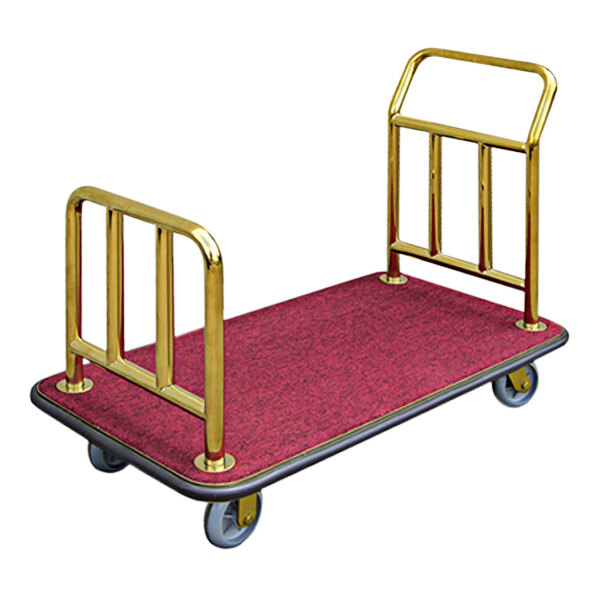 A Vestil platform truck with a red surface and gold bars.