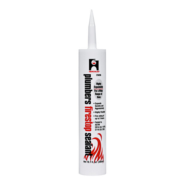 A white tube of Hercules Plumbers Firestop sealant with a white cap and label with black text.