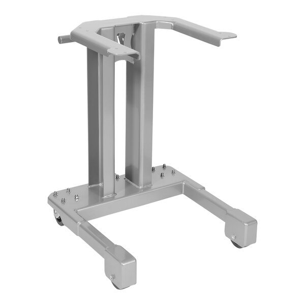 A grey metal stand with two wheels.