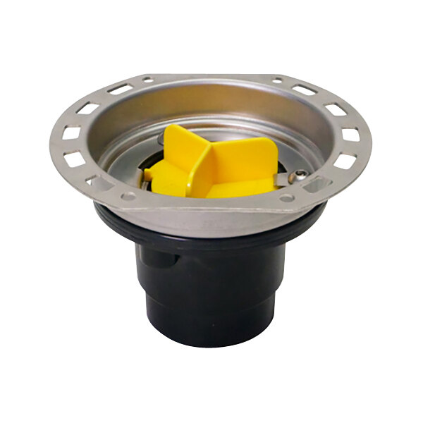 An Oatey black and silver freestanding tub drain kit with a yellow lid and stainless steel flange.